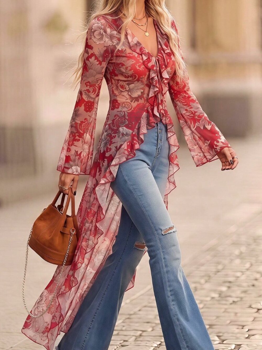 Red Boho Women's All-Over Print Mesh Ruffle Trim Top - Picture 4 of 9